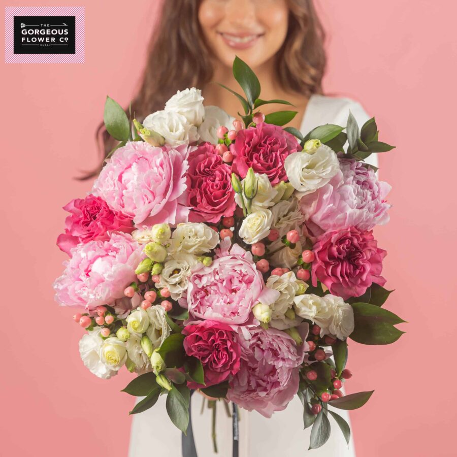 Pink Peonies Dream with Peonies, Hypericum, Lisianthus and Roses - Extra Gorgeous